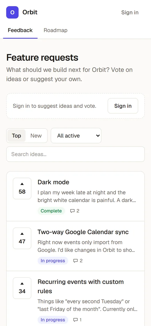 Echoboard demo board on a phone: feature requests sorted by votes, with status labels and comment counts.