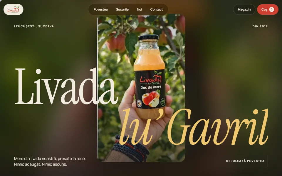 The Livada lu' Gavril website: a bottle of apple juice held up in the orchard, beside a large serif title.