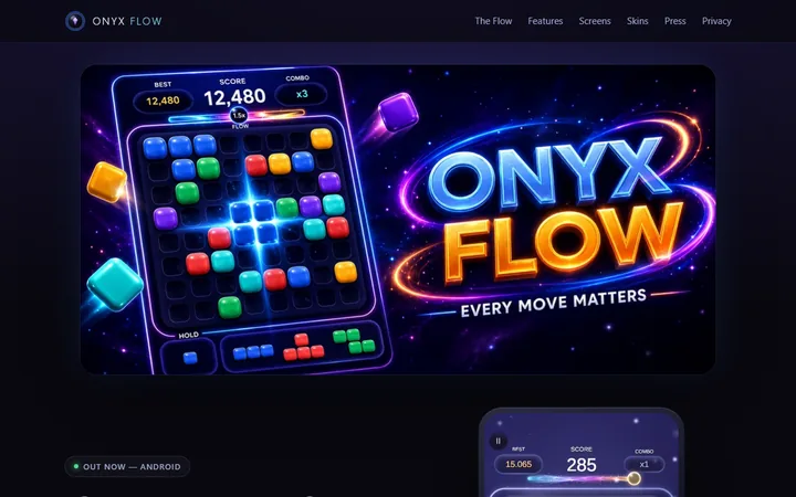 The Onyx Flow website: dark key art with the neon game logo.
