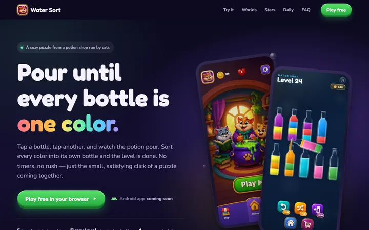 The Water Sort website: a playful hero with colorful type and two phone screens.