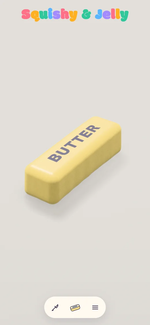 Squishy & Jelly pe telefon: un calup moale de unt galben cu BUTTER scris deasupra.